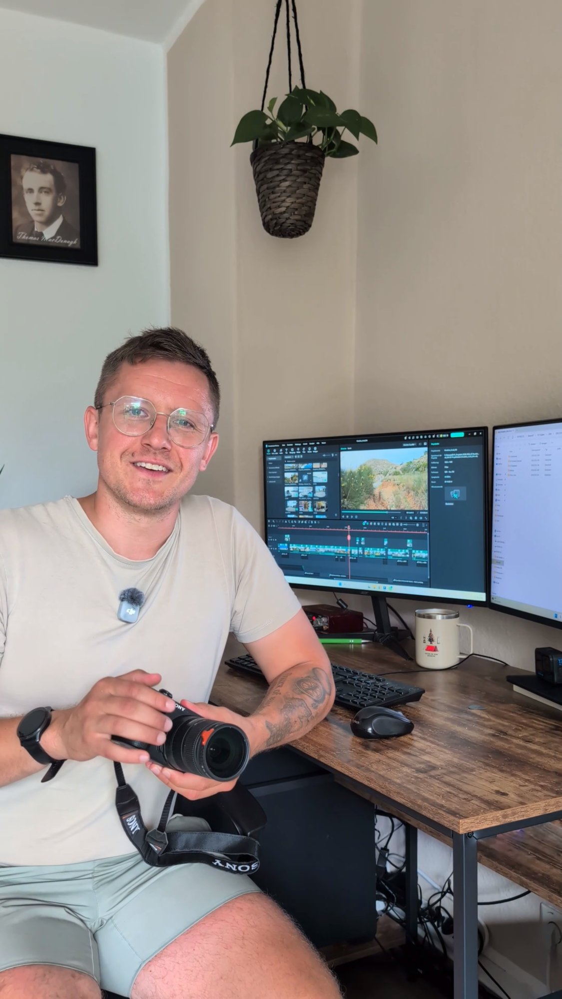 Tom mit Kamera an seinem Arbeitsplatz für Videoschnitt