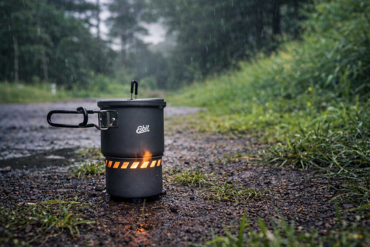 Outdoor-Kochtopf im Regen auf einem mobilen Brenner